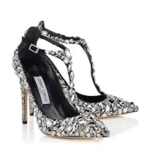 Jimmy Choo 20th Anniversary  Black Suede, Crystal Covered Pointy Toe Pumps 39